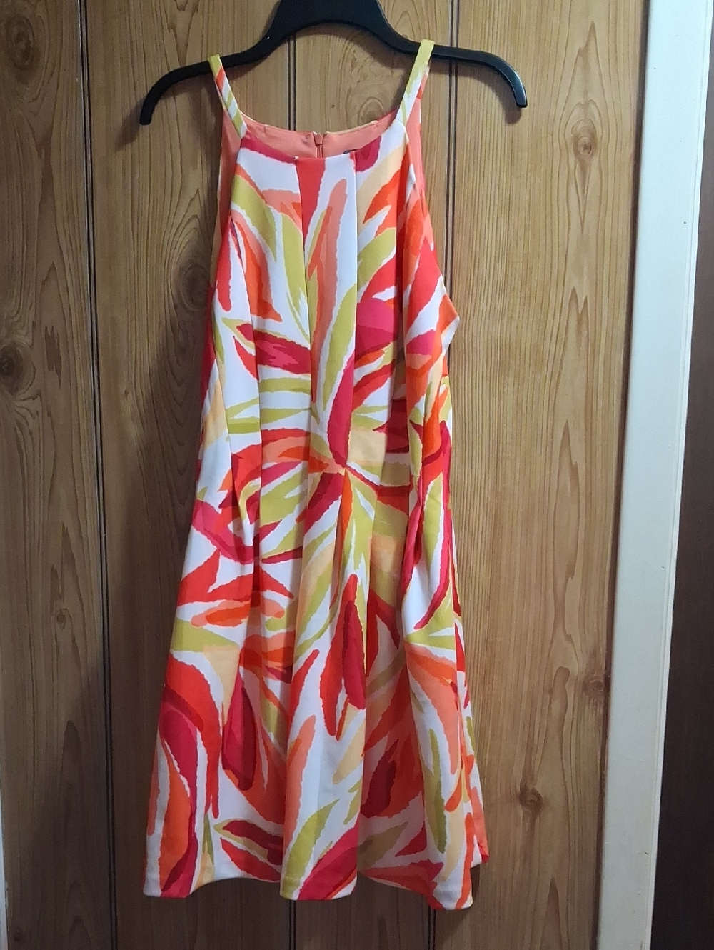 Vince Camuto White Dress with Red, Orange & Yellow Leaf Print
